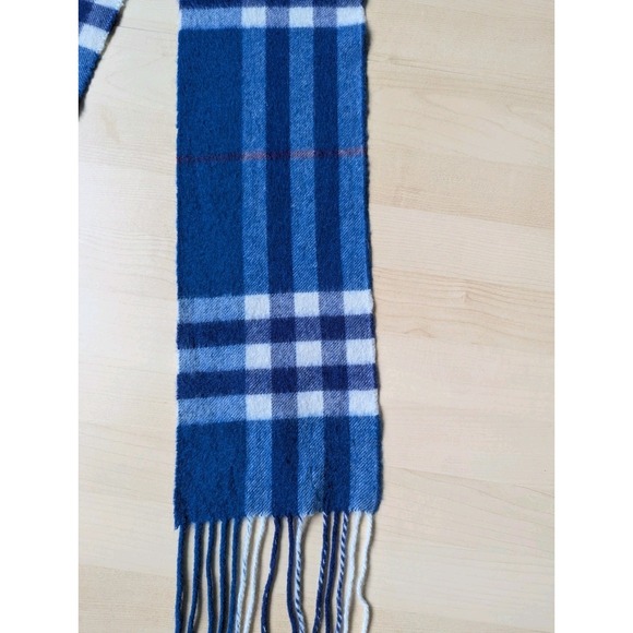 Burberry 100% Cashmere Made In Scotland Narrow Blue Tartan Plaid Scarf - Picture 13 of 16